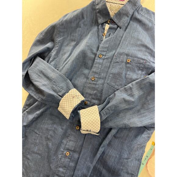 Ted Baker Linen Blend Long Sleeve Blue Shirt Men's 5 US XL - Picture 5 of 6